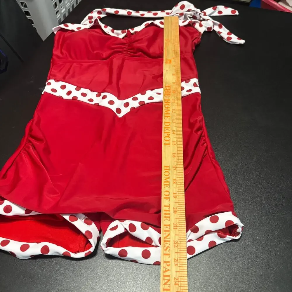 Retro Stage Red Polka Dot Swimdress One Piece Swimsuit Pin Up Rockabilly L NWT